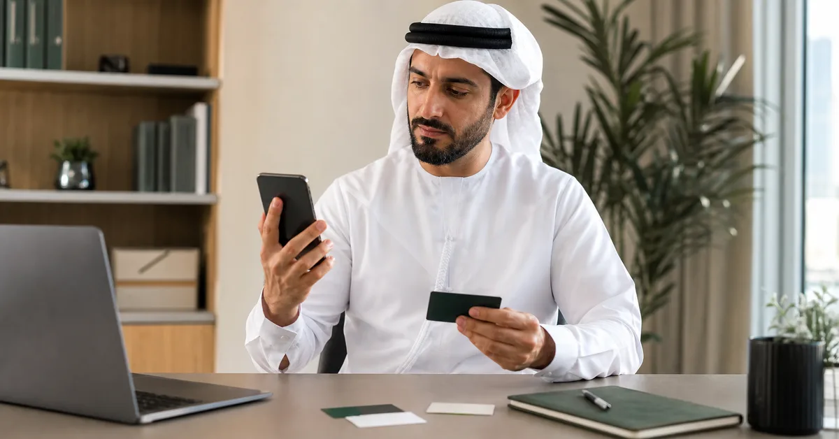 UAE business owner comparing a digital business card with traditional paper cards