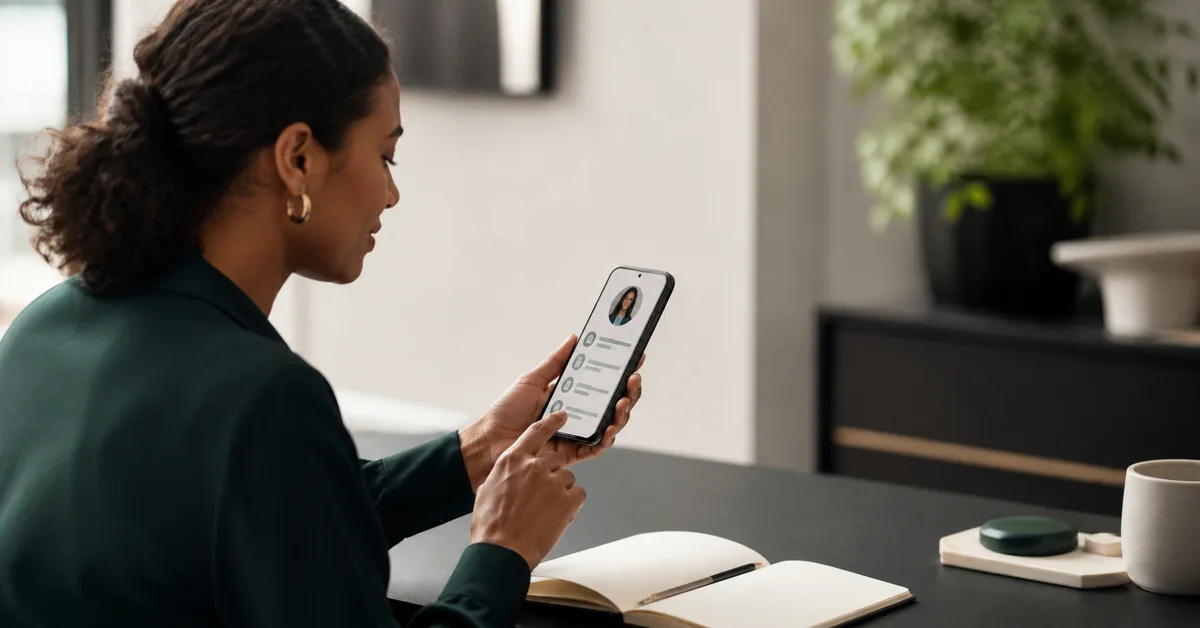 Professional reviewing a clear digital business card profile on a smartphone