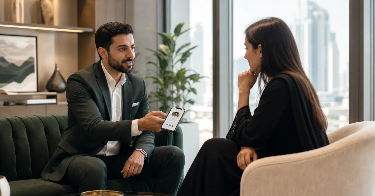Consultant showing a digital business card to a client in a professional office