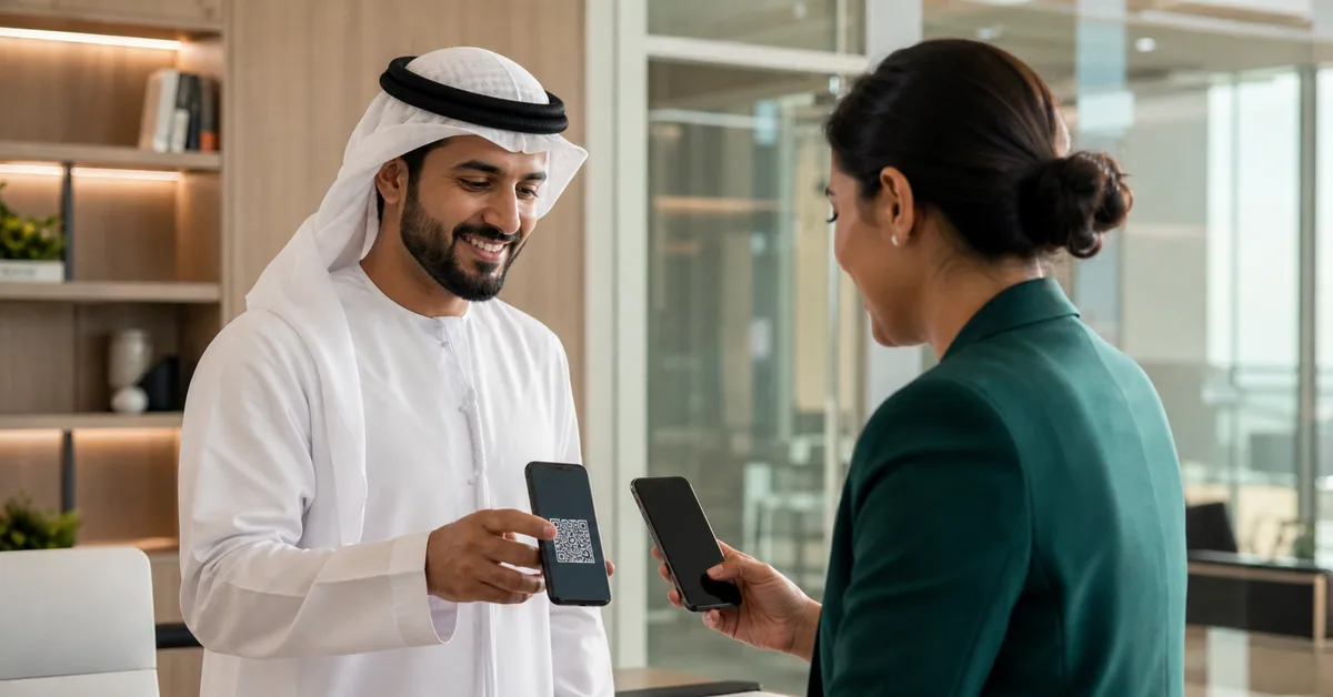 UAE professionals sharing a digital business card by smartphone
