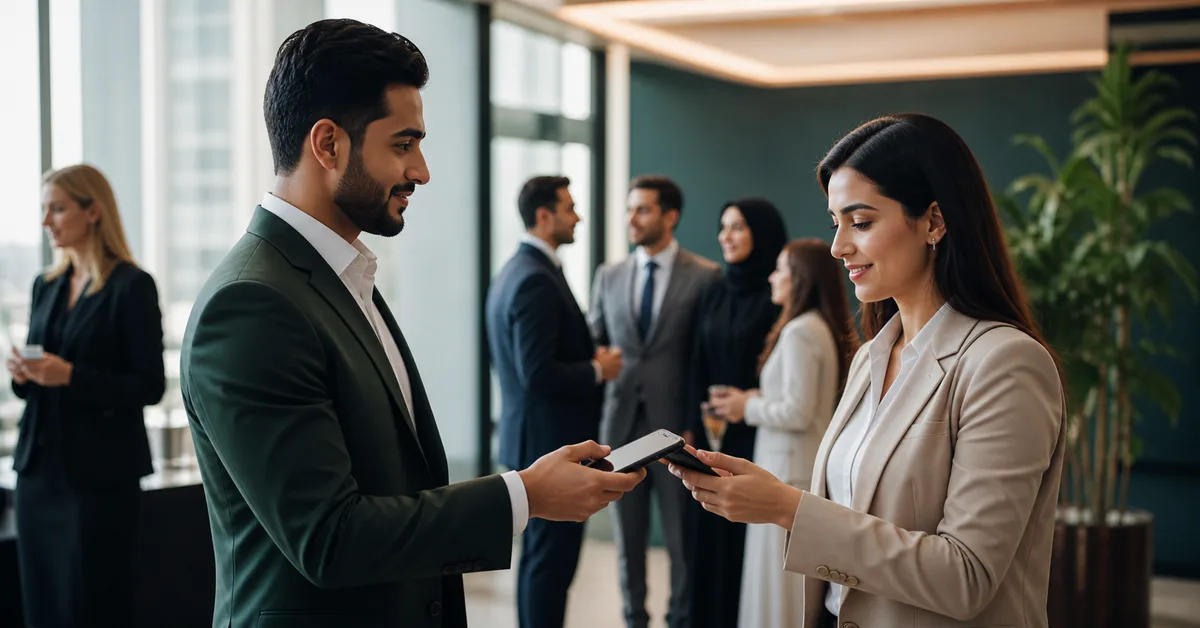 Professional exchanging digital contact details at a business networking event