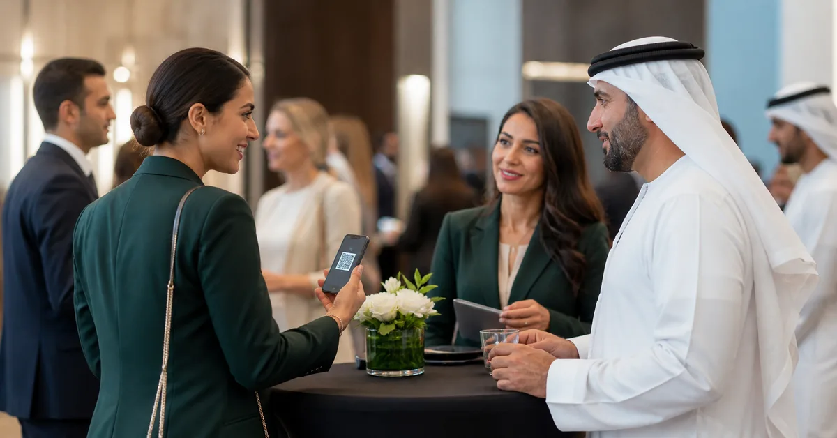 Professional sharing a digital business card by smartphone at a networking event