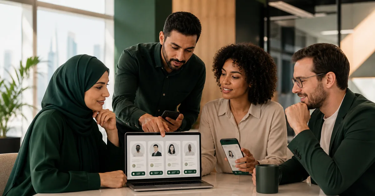 Professional team reviewing consistent employee digital business cards on devices